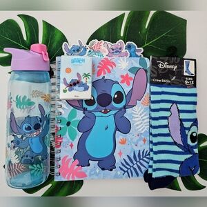 Disney Stitch Notebook, Water Bottle, and Socks Gift Set with Bonus Tissue New